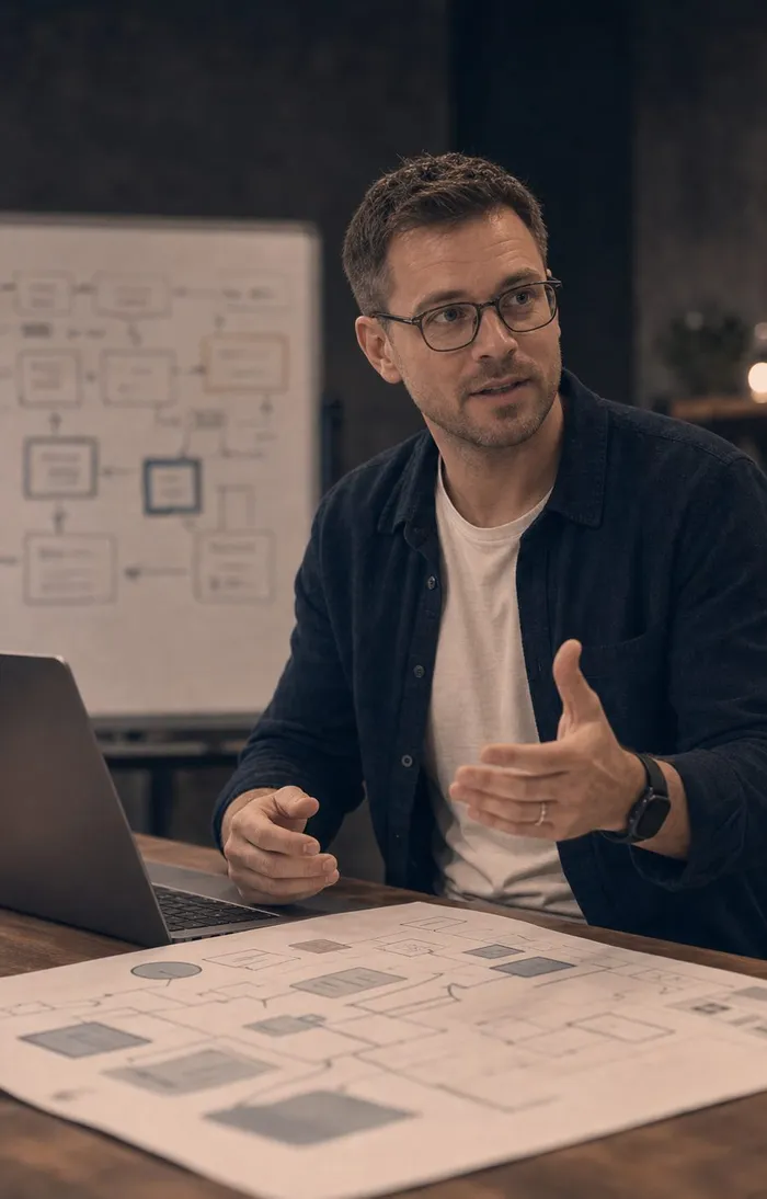 A software architect reviewing a system diagram